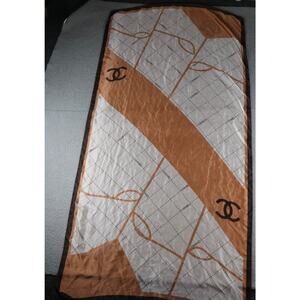 Chanel Scarf Silk Womens Logo Brown Cream 64x35 Wrap Stole France